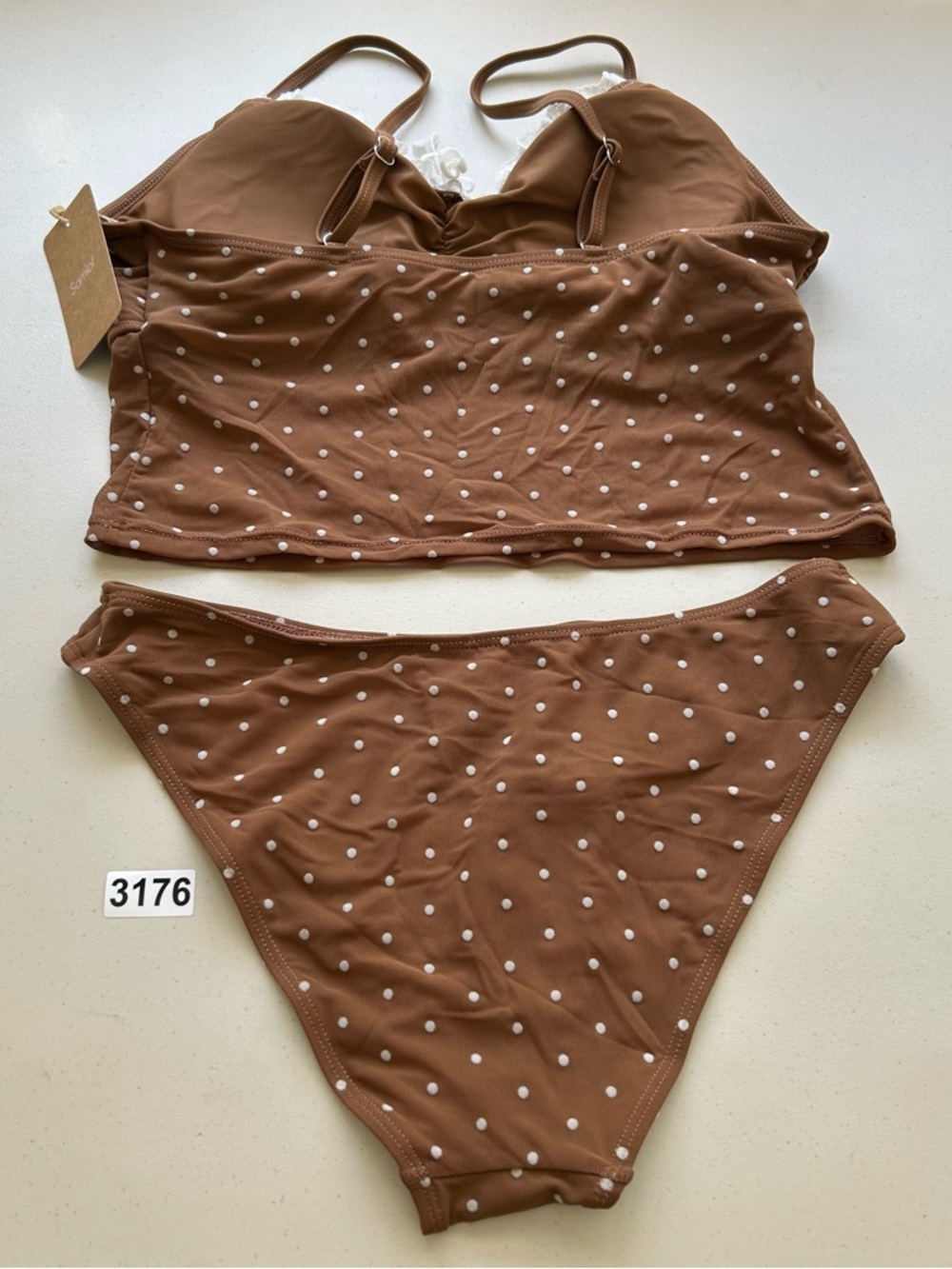 Samiol Tankini Bikini Set XL Coffee Contrast Polka Dot Mesh Swimwear - Picture 2 of 9